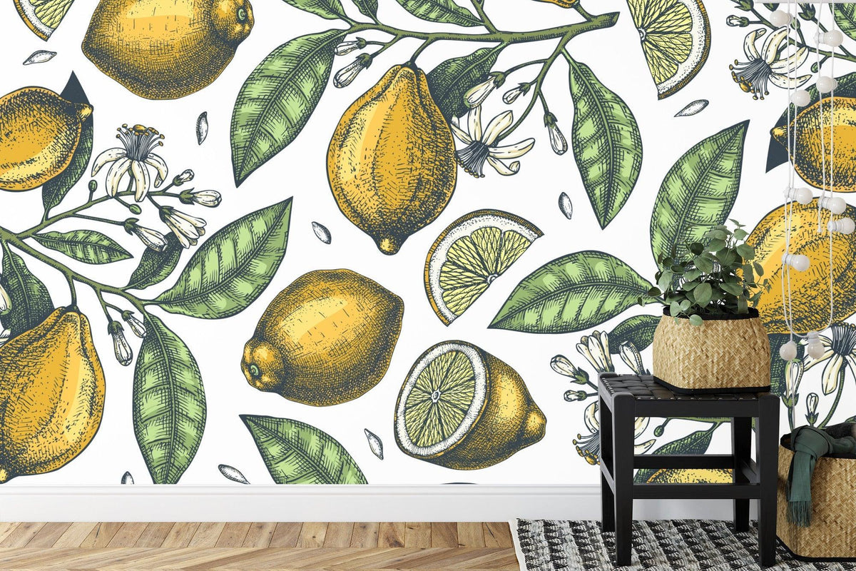 Citrus Mural Wallpaper | Vintage Lemon and Blossom Pattern