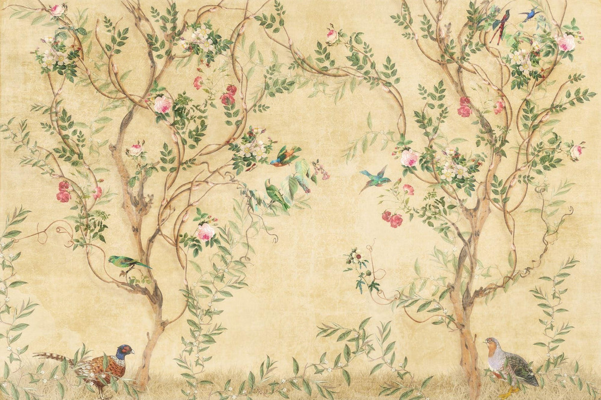 Papel Pintado Mural Floral Vintage | Diseño Chinoiserie de Pájaros y Rosas