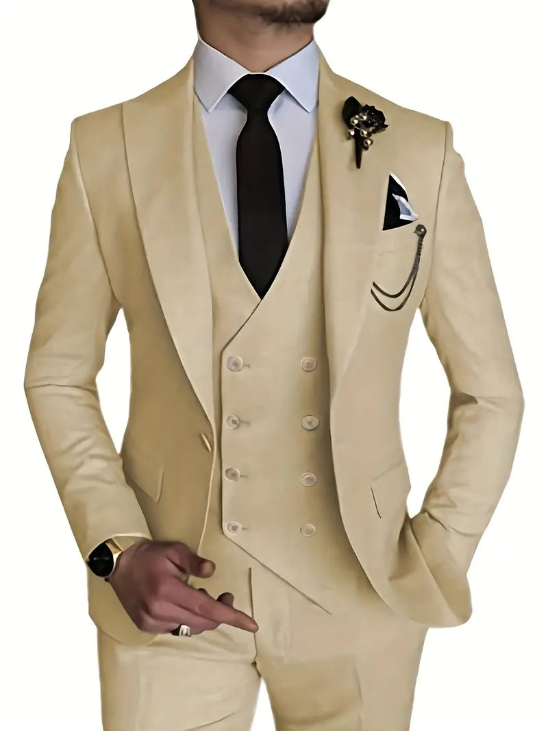 Classic Three Piece Suit Beige Double-Breasted Design - Product detail 13