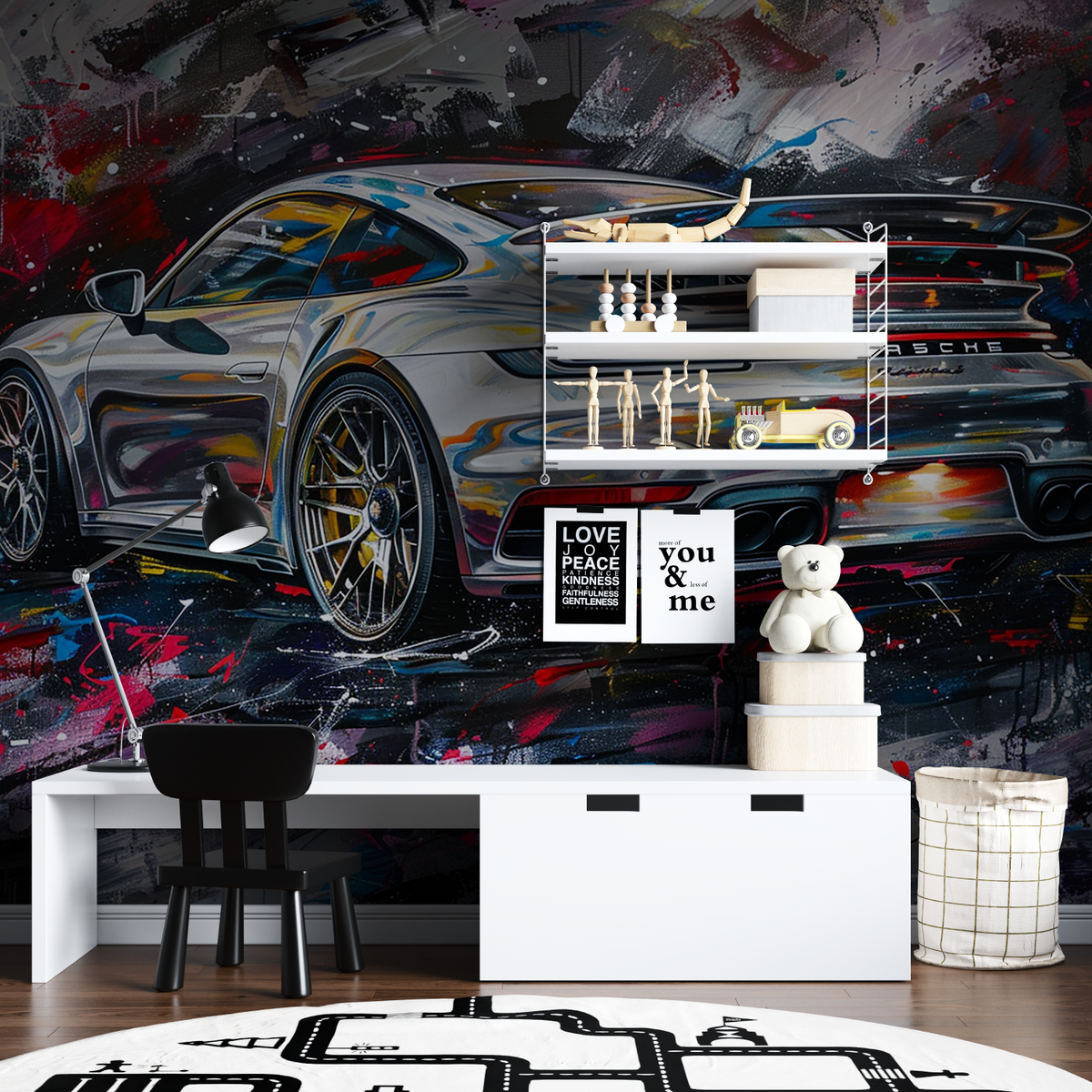 Sports Car Mural Wallpaper | Dynamic Porsche Street Art Design