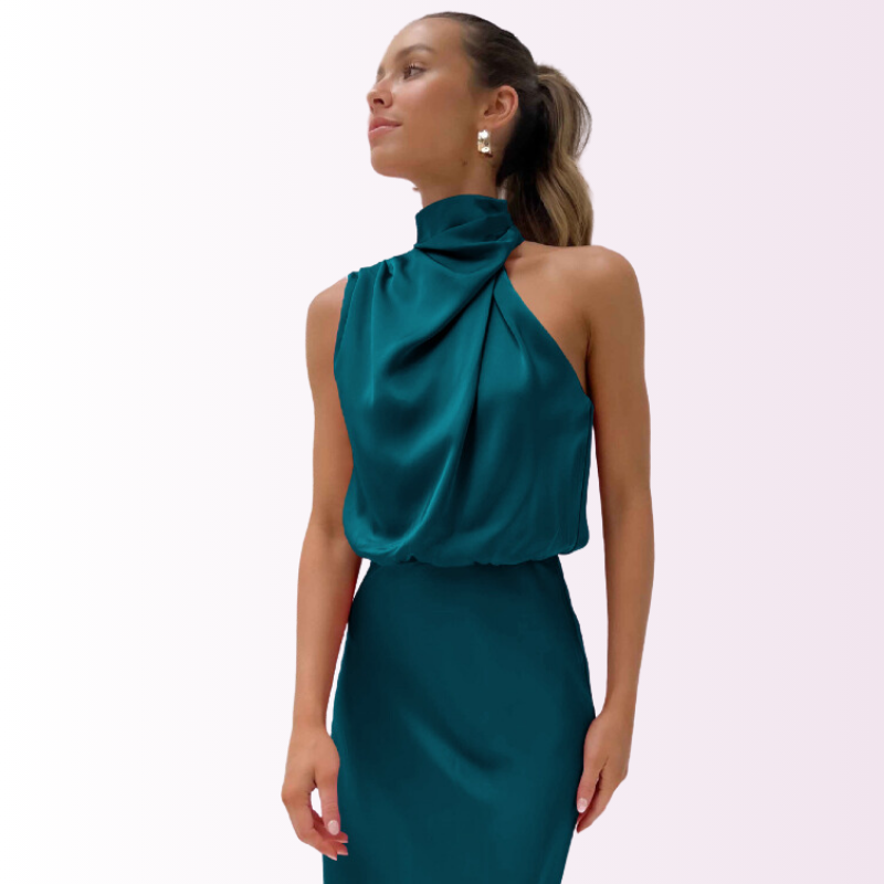 Emerald Evening Dress Draped High-Neck Satin Maxi - Product detail 18
