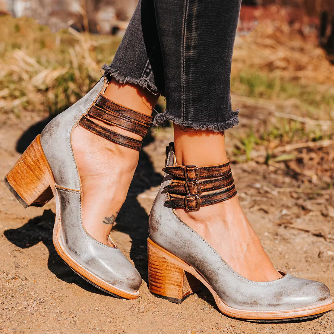 Vintage Block Heel Pumps  Red Leather Double Ankle Strap - Product detail 13