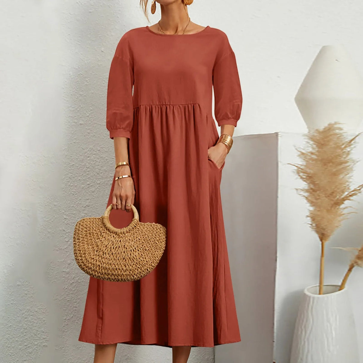 Cotton Midi Dress Casual A-Line Silhouette With Pockets - Product detail 5
