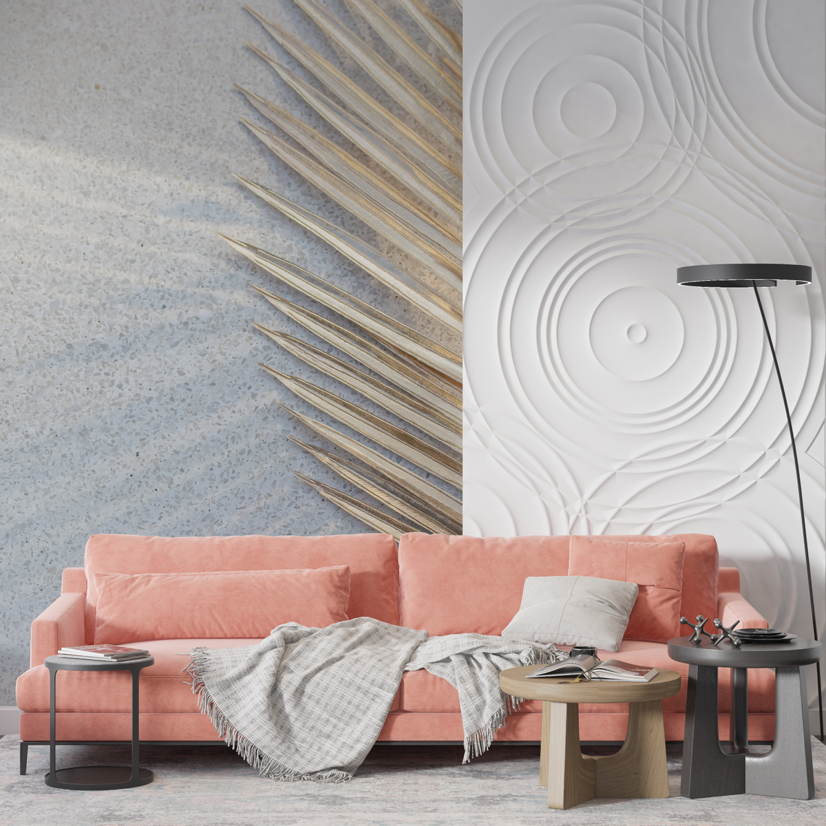 Modern Mural Wallpaper | Circular Pattern with Gold Palm Leaf