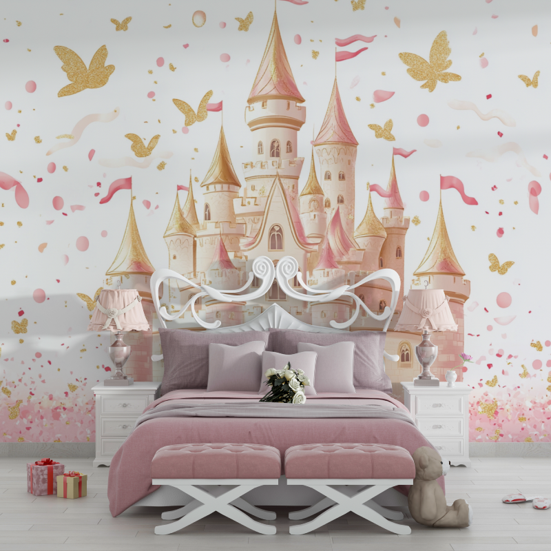 Princess Mural Wallpaper | Magical Castle with Gold Butterflies