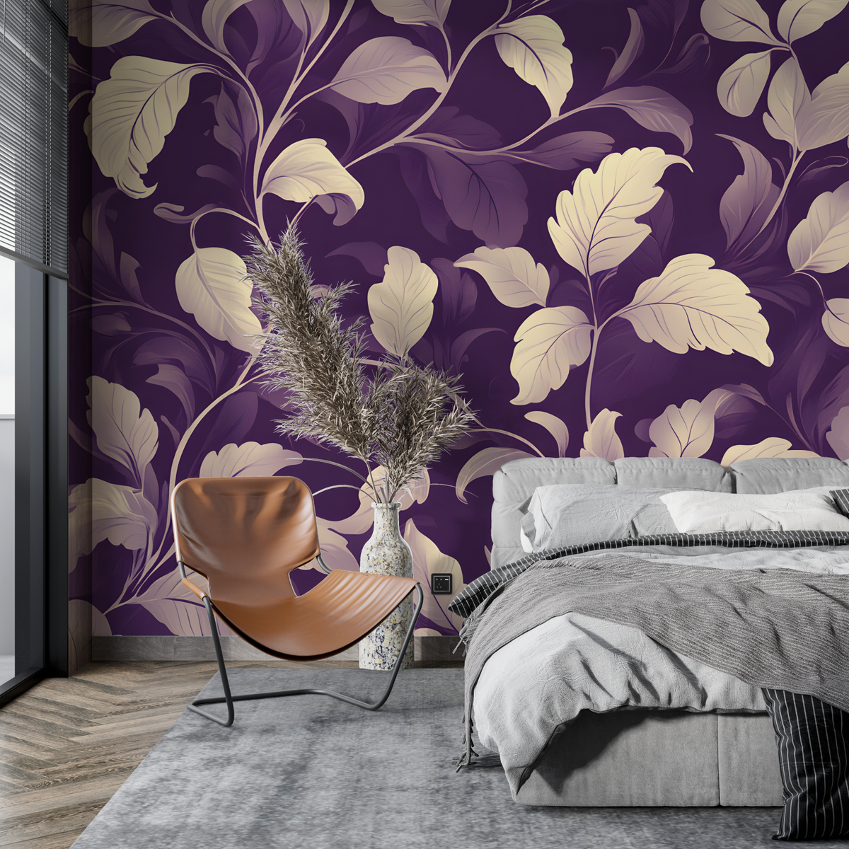 Floral Mural Wallpaper | Elegant Purple With Cream Leaves