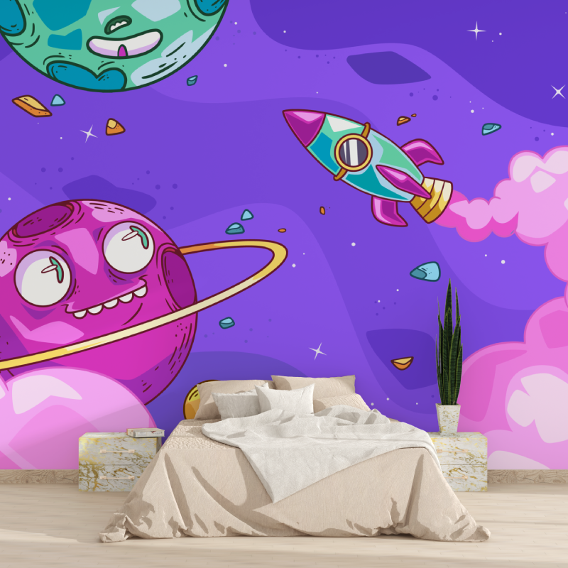 Space Kids Mural Wallpaper | Fun Planets and Rocket Design
