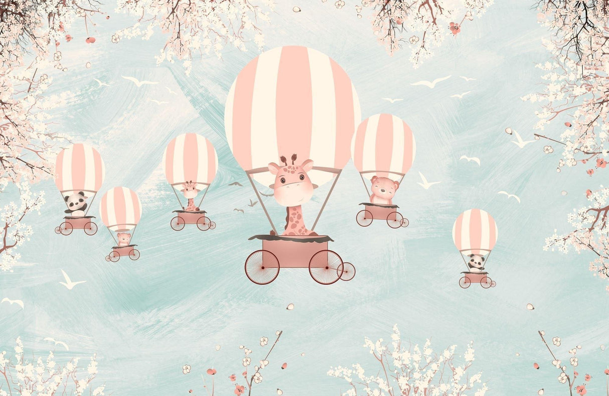 Hot Air Balloon Mural Wallpaper | Safari Animals Adventure with Cherry Blossoms