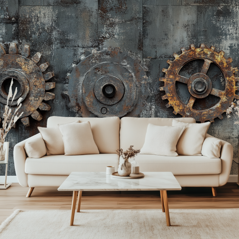 Industrial Mural Wallpaper | Vintage Steel and Gears Design