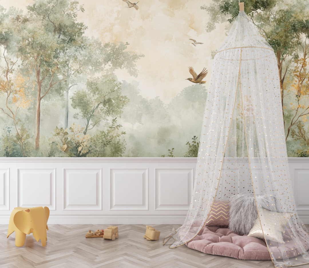 Forest Mural Wallpaper | Misty Trees with Flying Birds