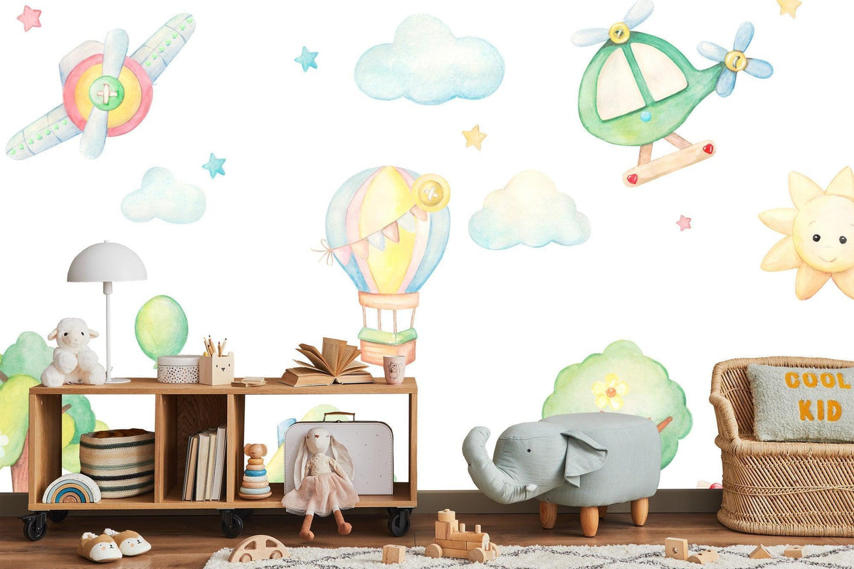 Kids Mural Wallpaper | Hot Air Balloon and Aircraft Adventure