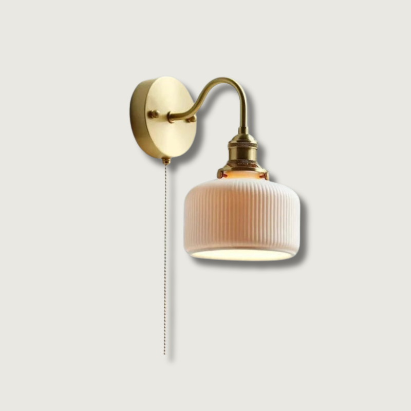 Nordic Ceramic Wall Light Ribbed Glass Shade With Brass Fixture - Product showcase