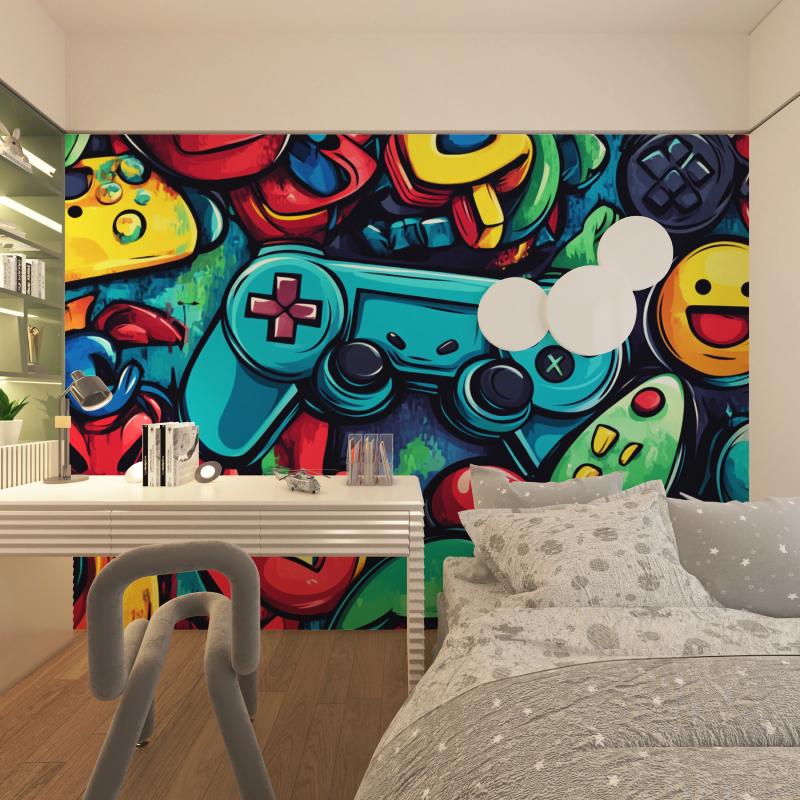 Gaming Mural Wallpaper | Colorful Retro Controller Graffiti