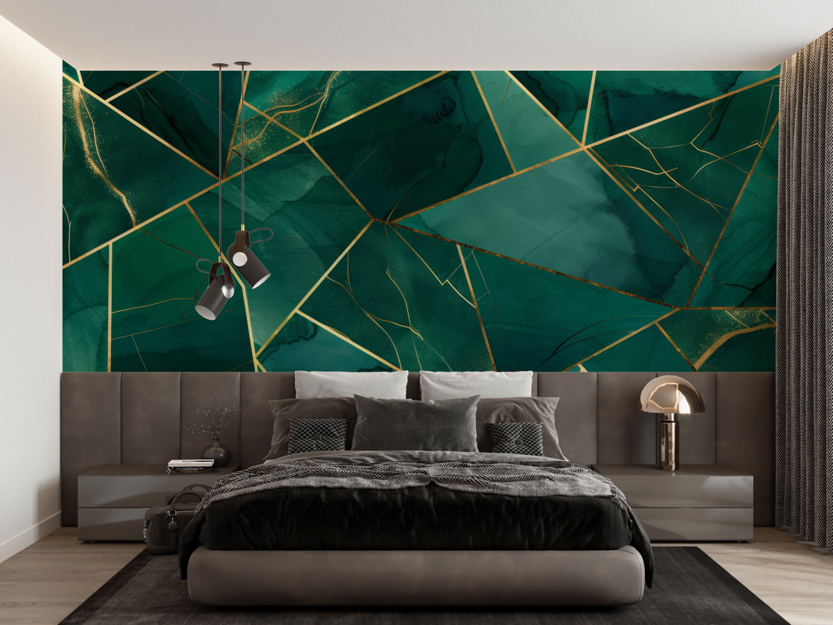 Geometric Mural Wallpaper | Emerald Green with Gold Lines