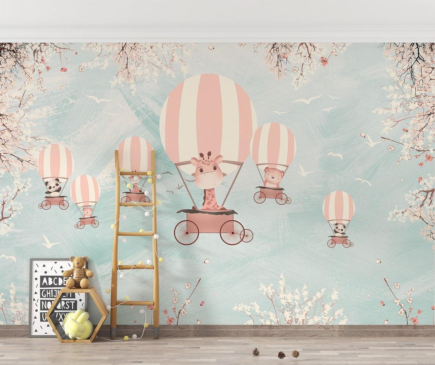 Hot Air Balloon Mural Wallpaper | Safari Animals Adventure with Cherry Blossoms