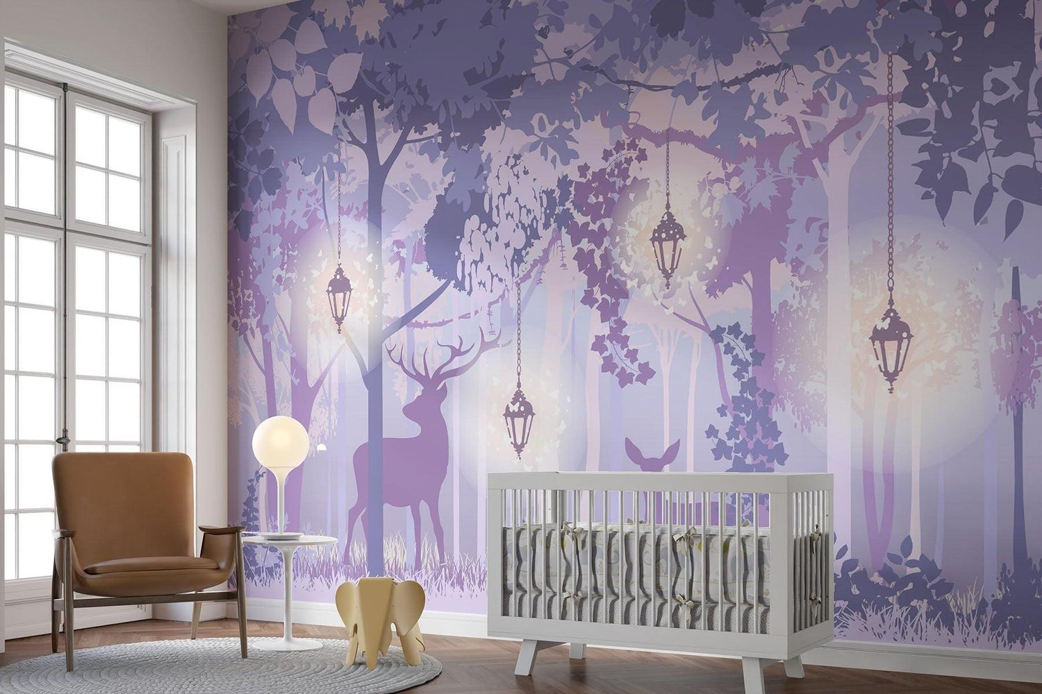 Papier Peint Mural Forêt | Bois Enchanté Violet Avec Lanternes