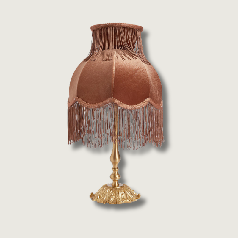 Vintage Table Lamp Brass Base with Fringed Velvet Shade - Product showcase