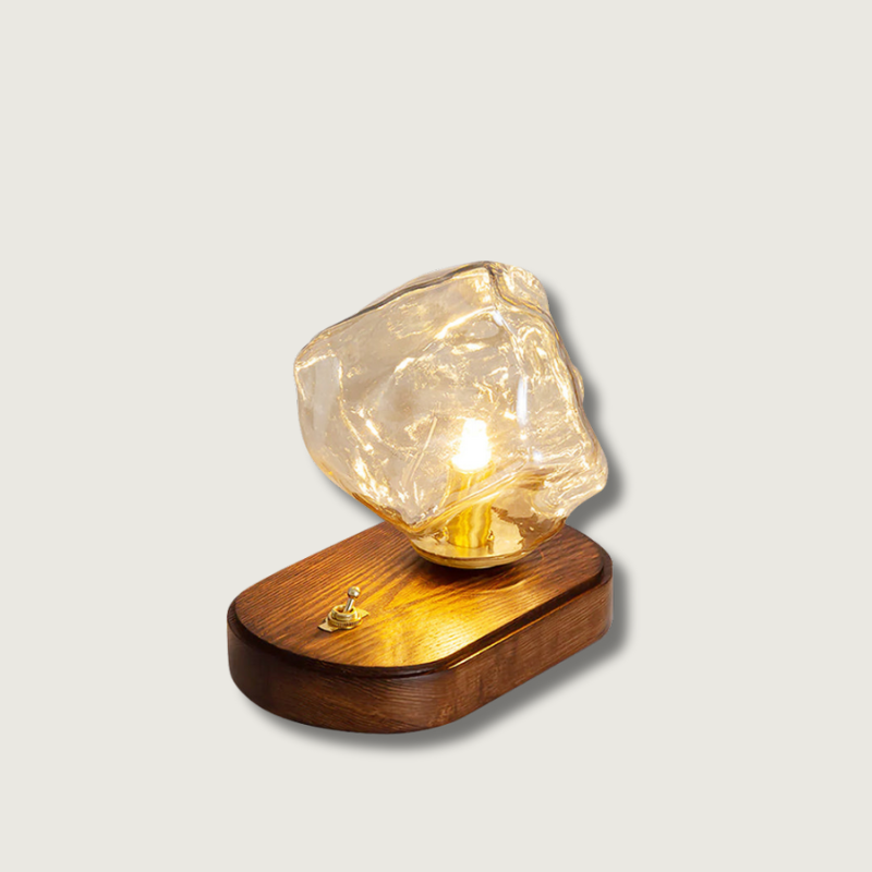 Vintage Table Lamp Amber Glass Wood Base Design - Product showcase