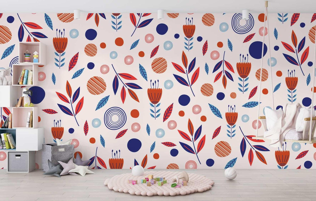 Floral Mural Wallpaper | Modern Scandinavian Pattern with Navy and Orange