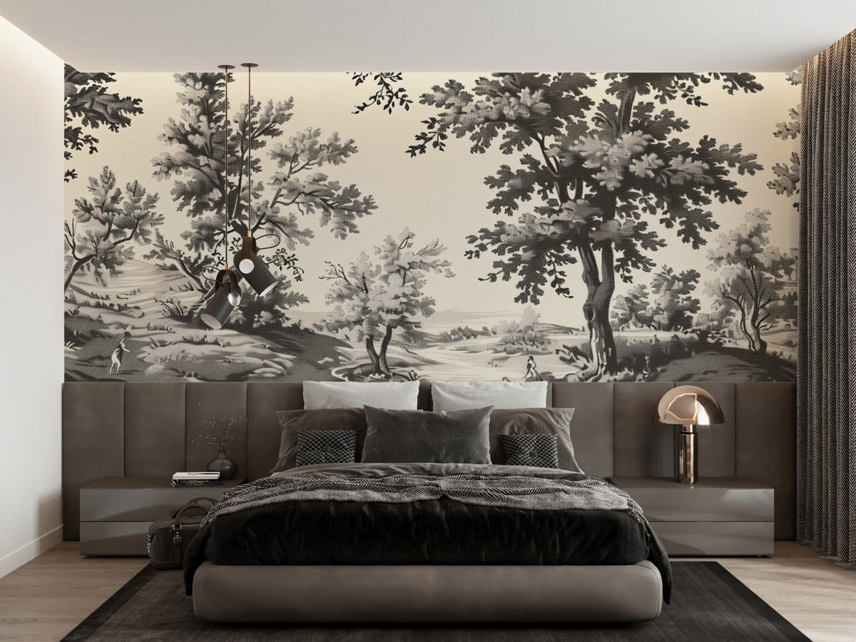 Vintage Mural Wallpaper | Black and White Pastoral Scene