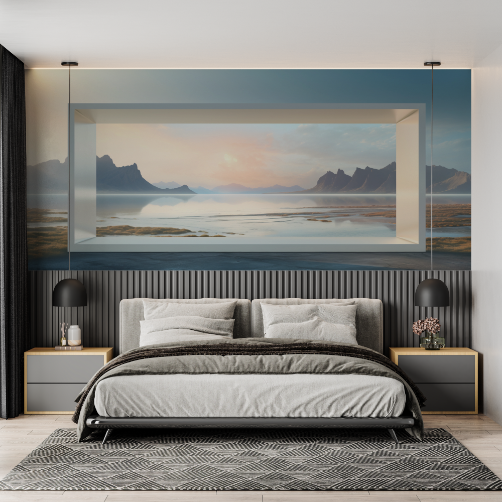 Mountain Lake Mural Wallpaper | Misty Sunset Panoramic View