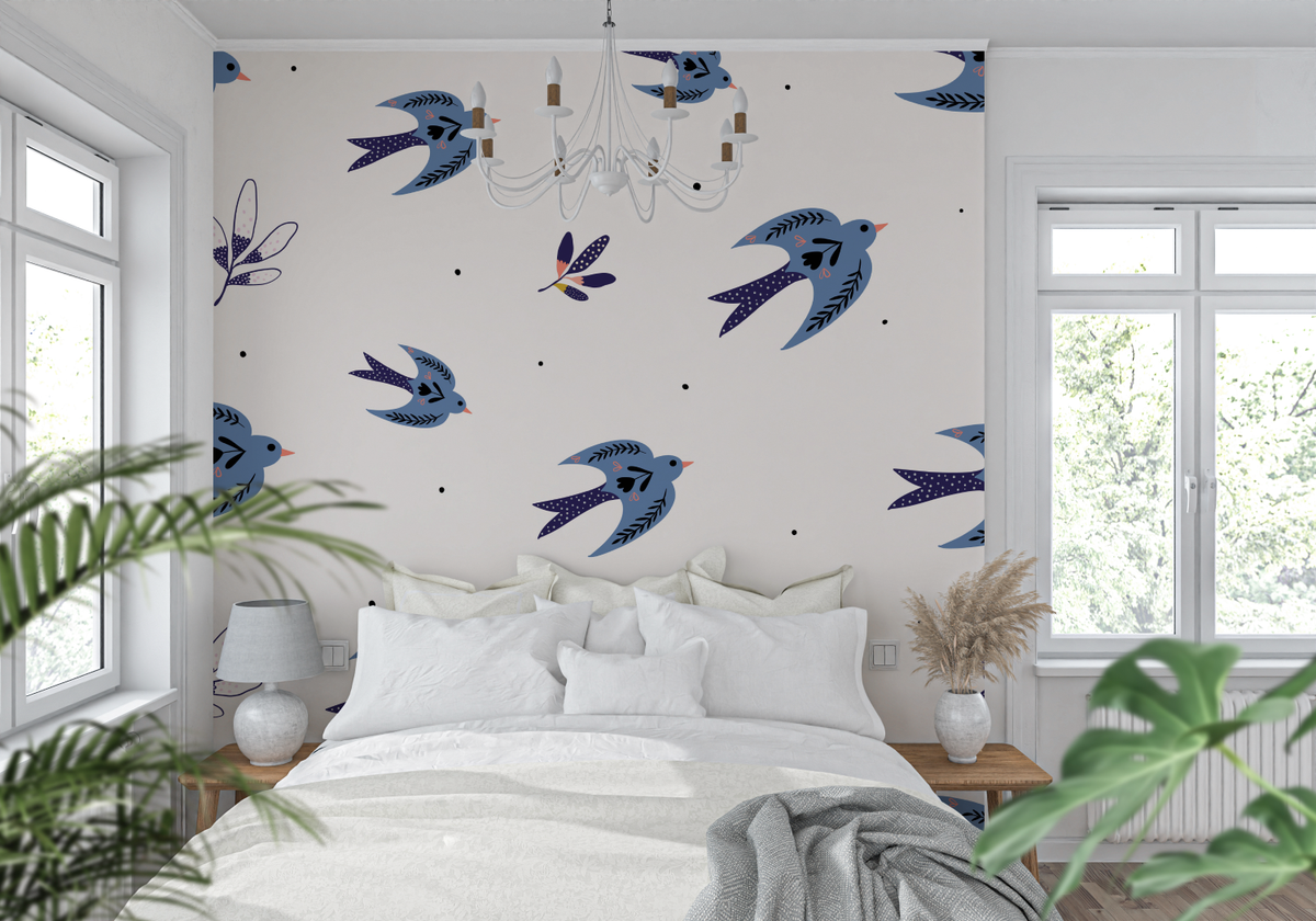 Birds Mural Wallpaper | Blue Swallows Pattern on White