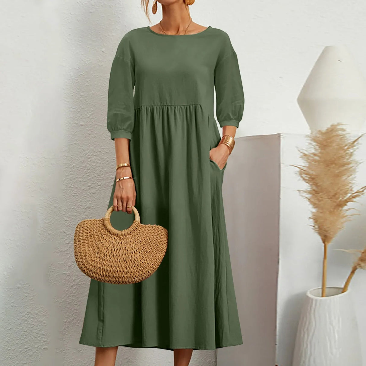 Cotton Midi Dress Casual A-Line Silhouette With Pockets - Product detail 6