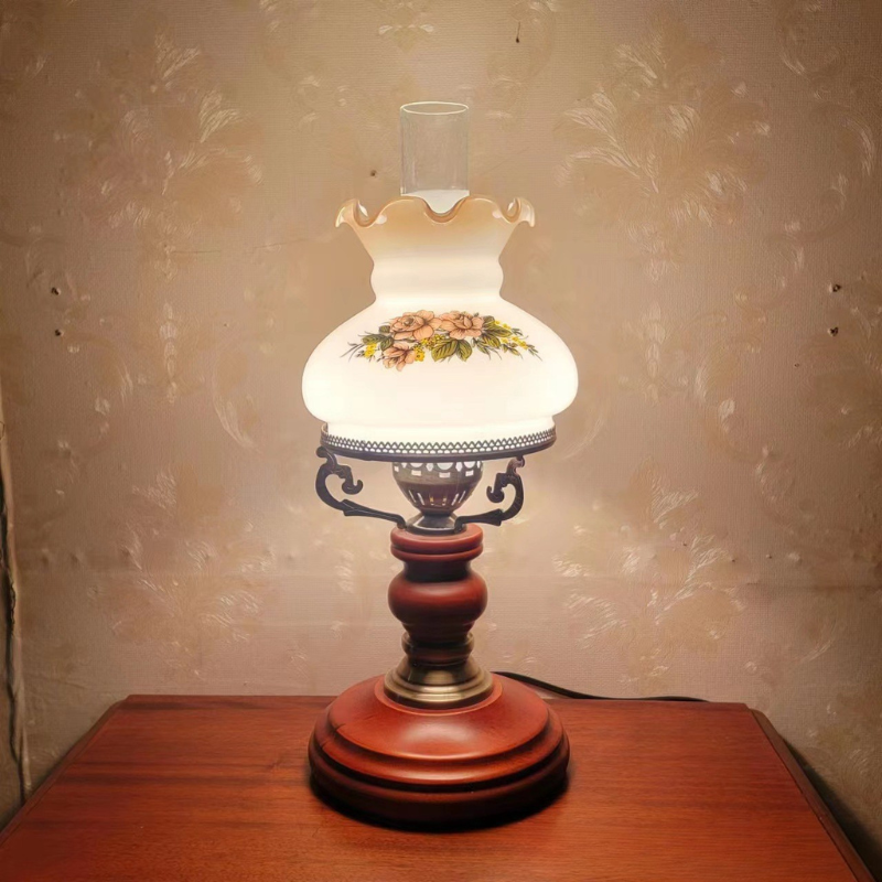 Vintage Table Lamp Floral Glass Shade Wood Base - Detailed view