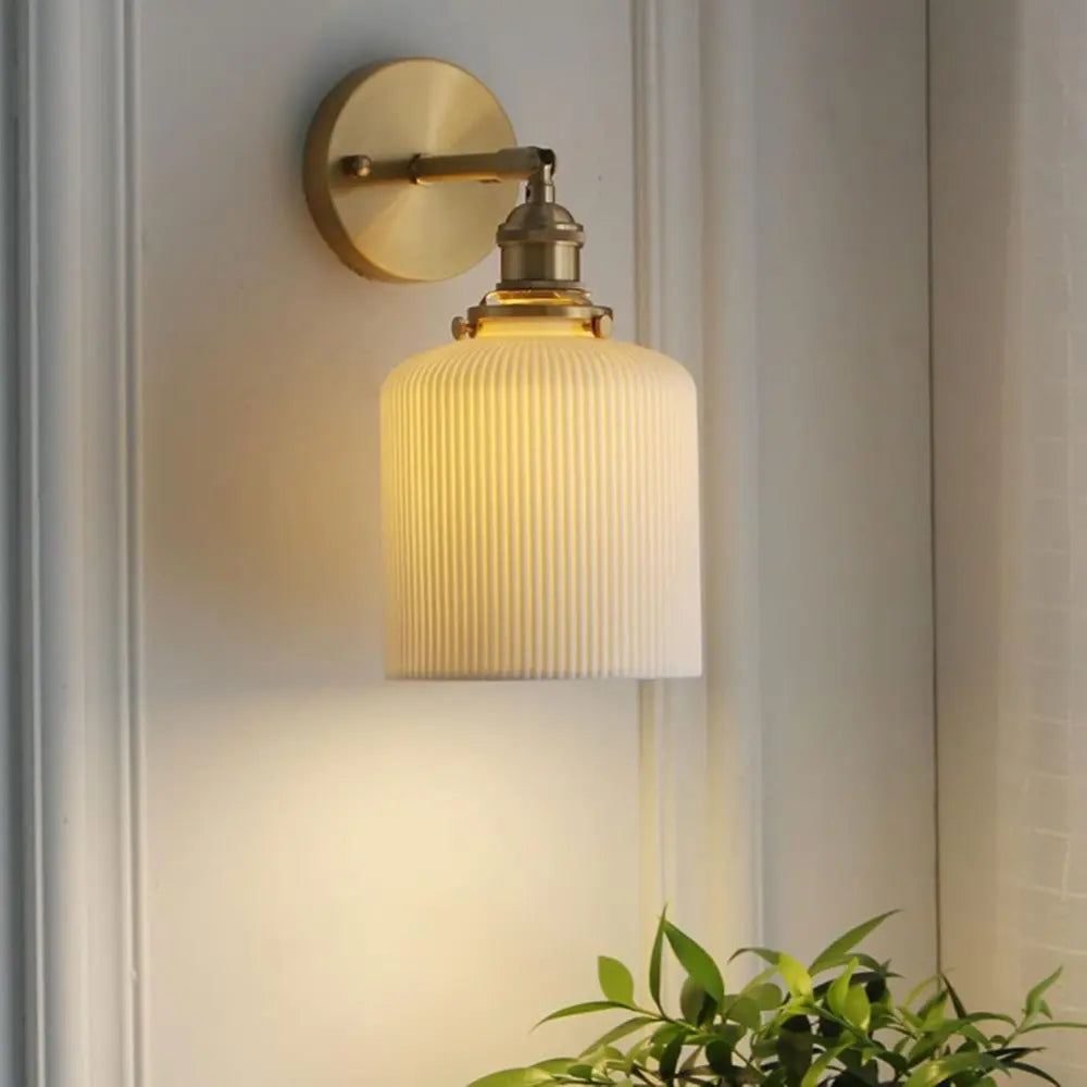 Modern Ceramic Wall Light  Ribbed Glass Shade with Brass Fixture - Product detail 4