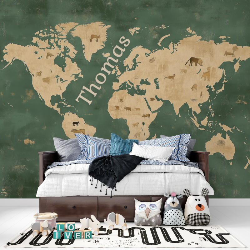 World Map Mural Wallpaper | Green and Gold with Animal Silhouettes