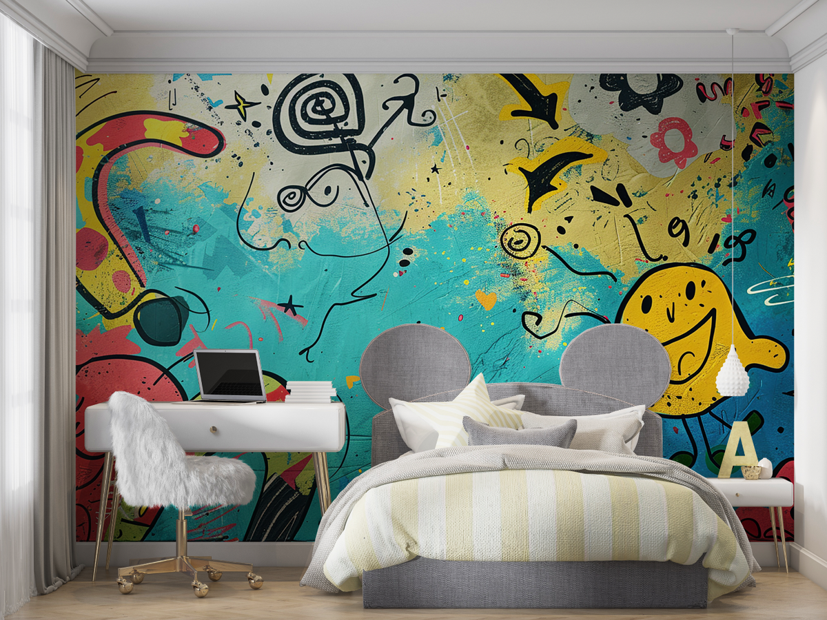 Graffiti Mural Wallpaper | Urban Street Art with Yellow and Blue