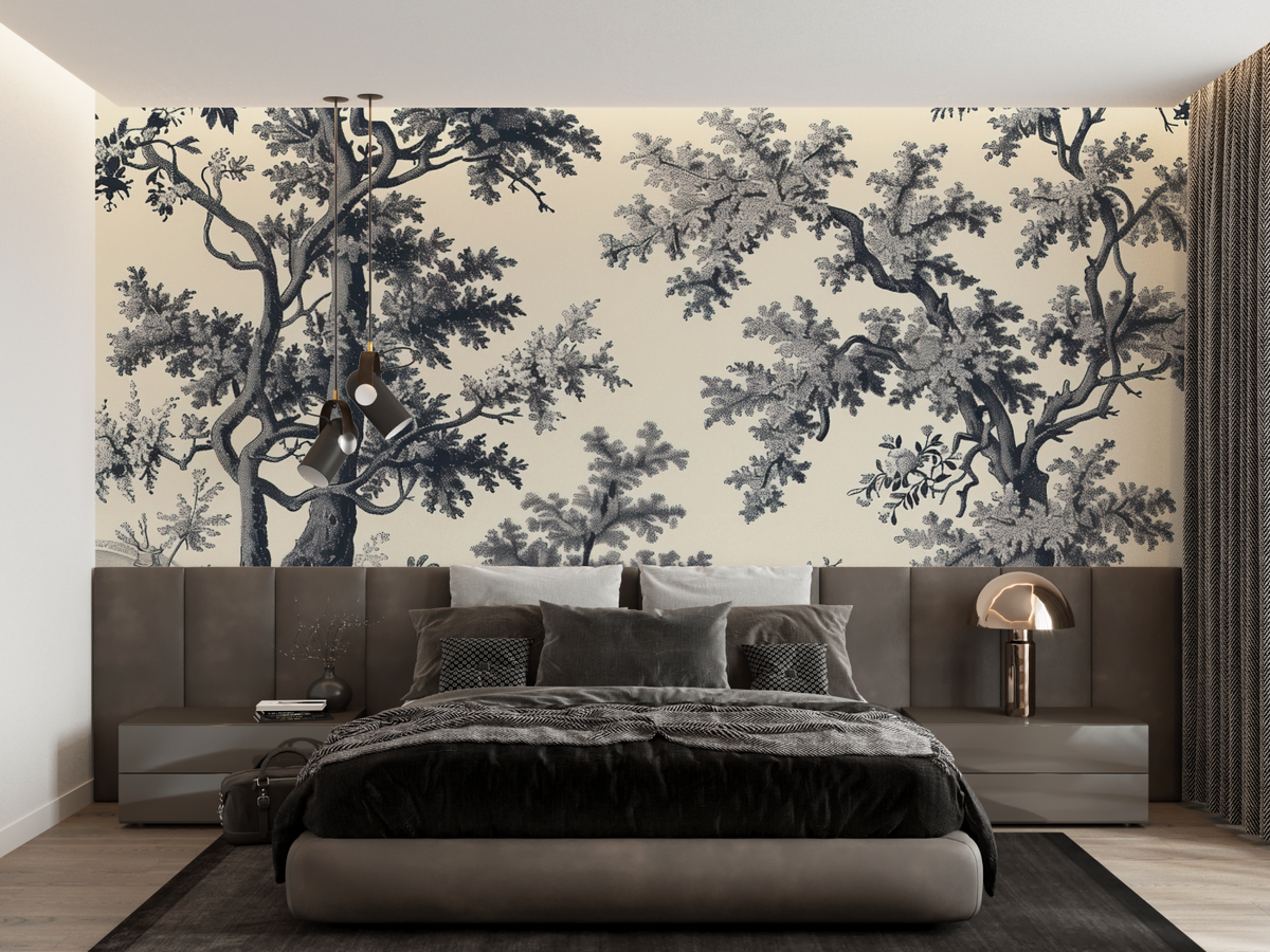 Forest Mural Wallpaper | Black and Beige Toile de Jouy Pattern