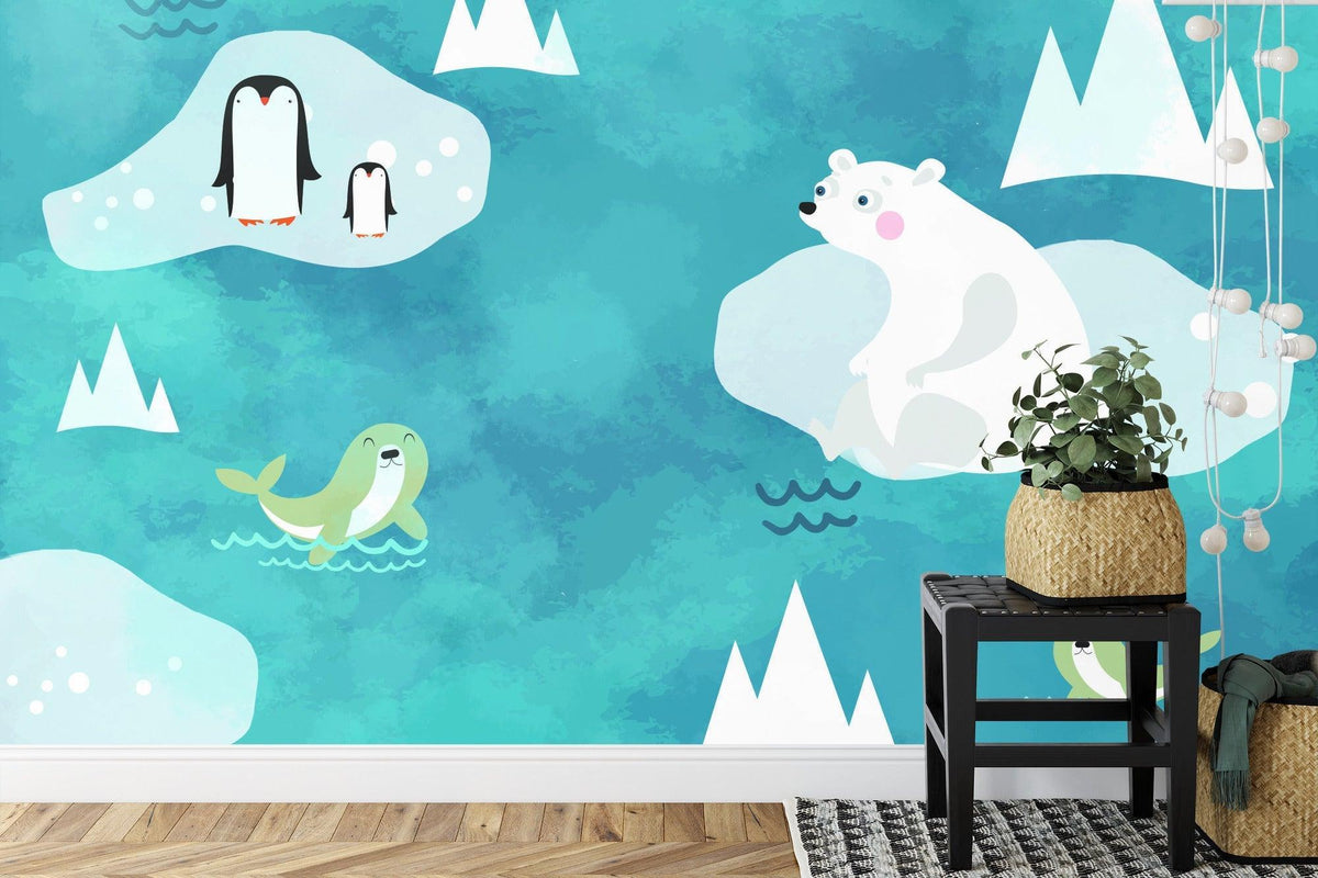 Arctic Animals Mural Wallpaper | Playful Polar Bear and Friends