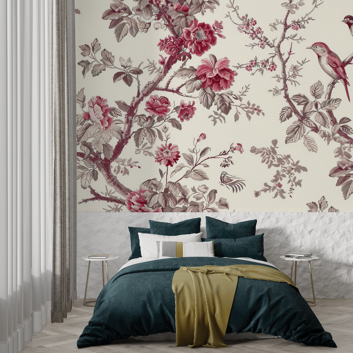 Floral Mural Wallpaper | Vintage Rose and Bird Design