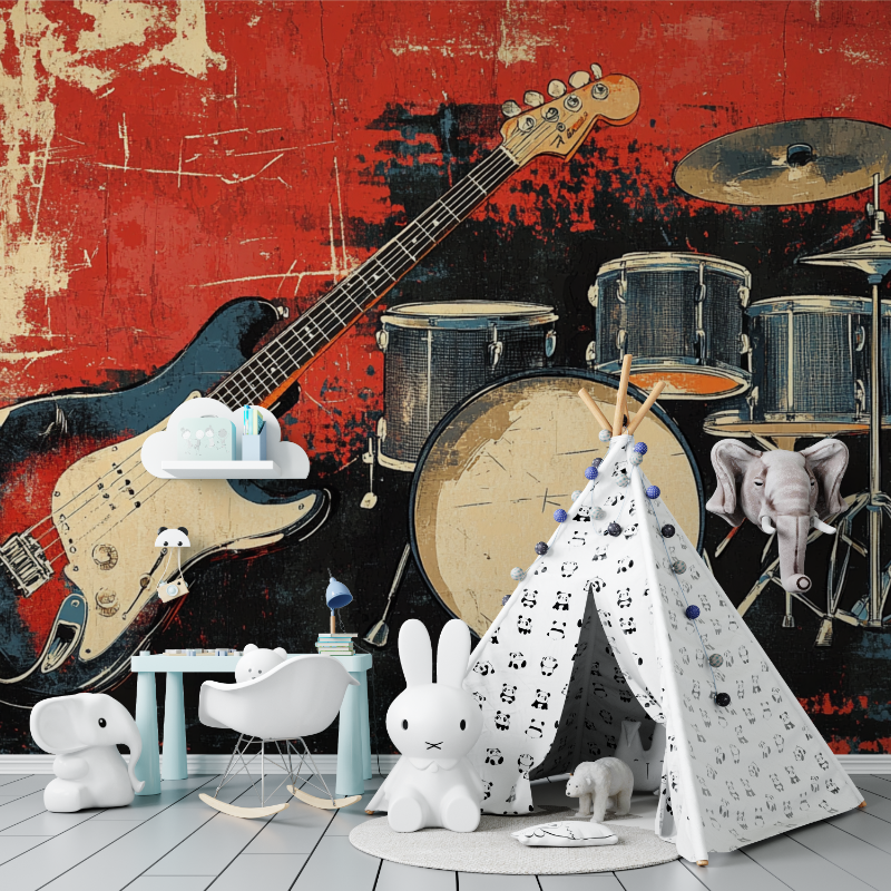 Music Mural Wallpaper | Vintage Rock Band Instruments