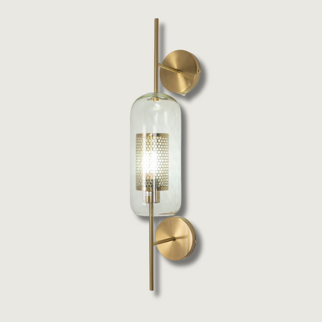 Modern Glass Wall Lamp  Brushed Brass with Clear Cylinder Shade - Product showcase