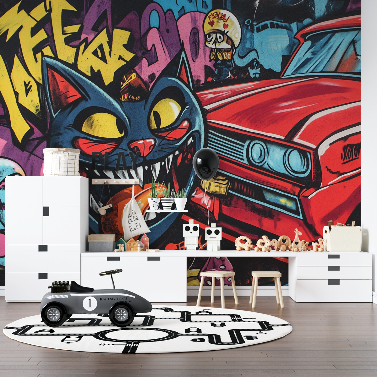 Street Art Mural Wallpaper | Urban Graffiti Cat and Classic Car