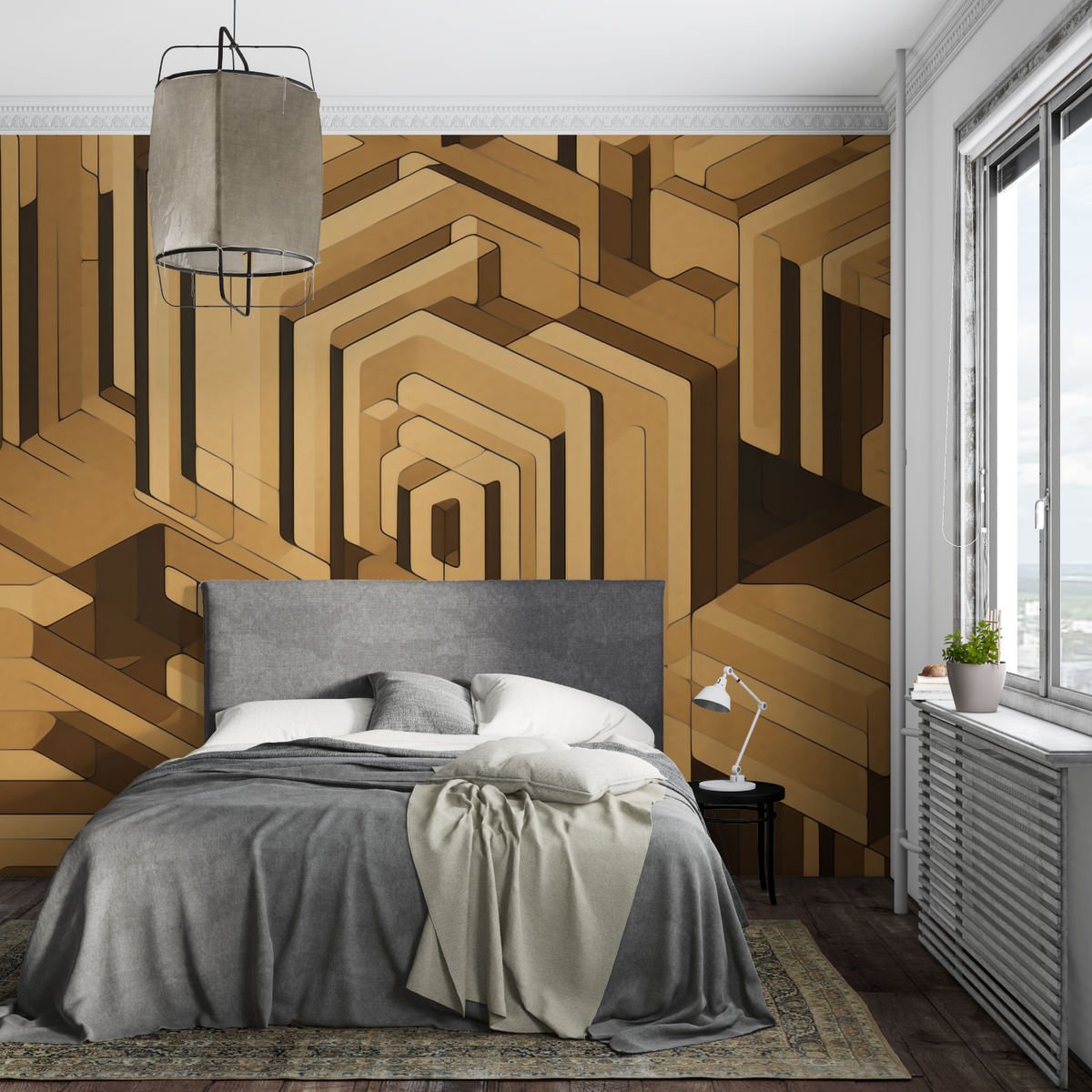 Geometric Mural Wallpaper | 3D Golden Labyrinth Design