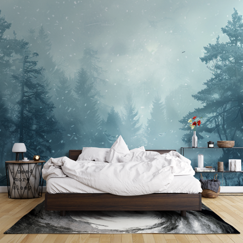 Forest Mural Wallpaper | Snowy Pine Trees With Deer