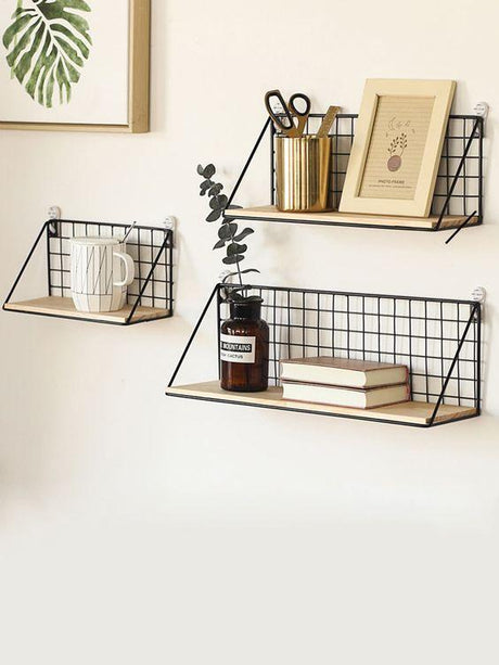 Modern Wall Shelf  Black Metal Grid Wood Display - Product detail 5
