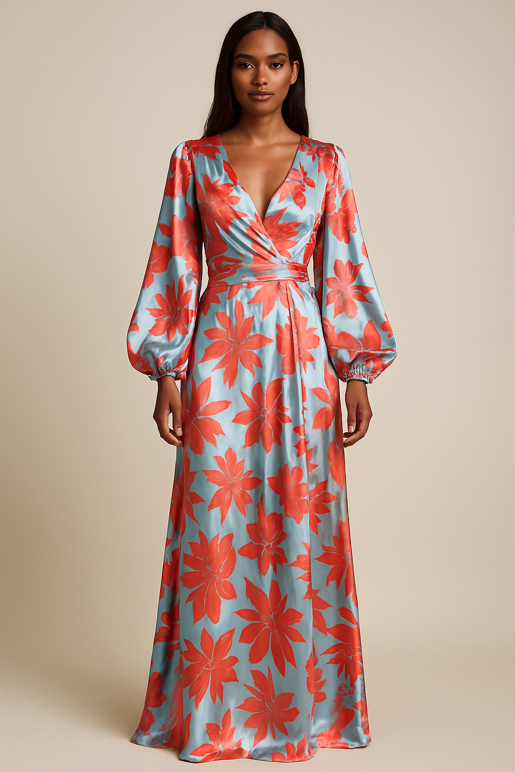 Floral Maxi Dress Green Botanical V-Neck Design with Balloon Sleeves - Product example