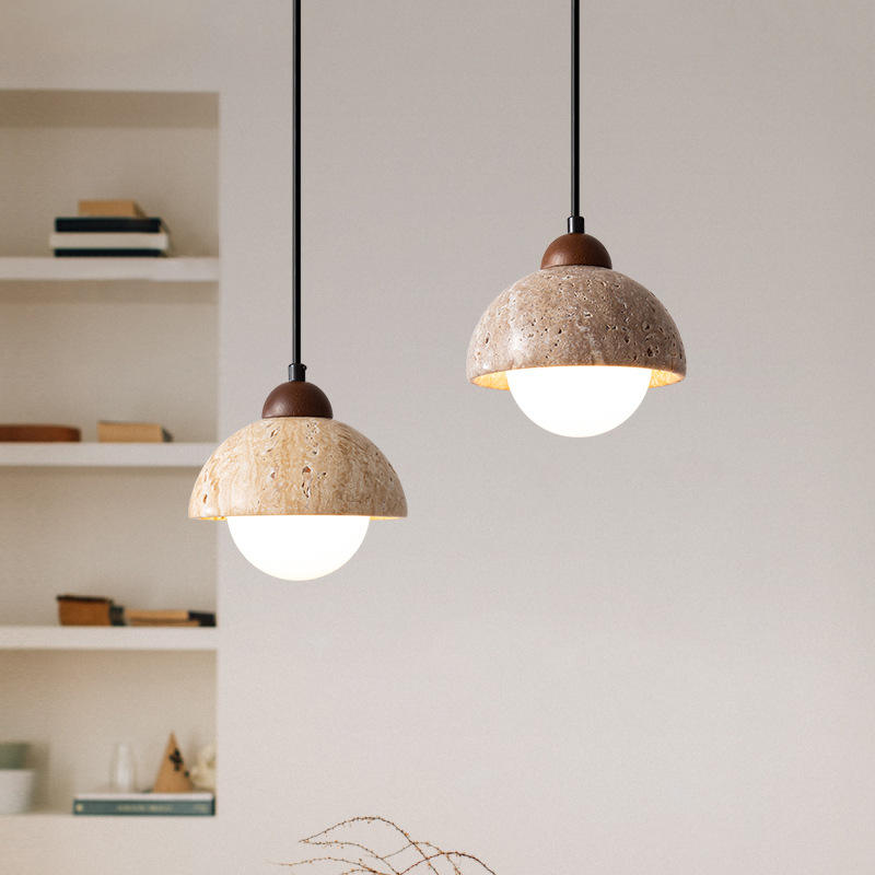 Natural Stone Pendant Light Marble Dome With Walnut Accent - Product detail 5
