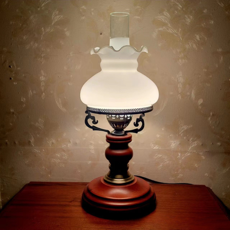 Vintage Table Lamp Floral Glass Shade Wood Base - Product example