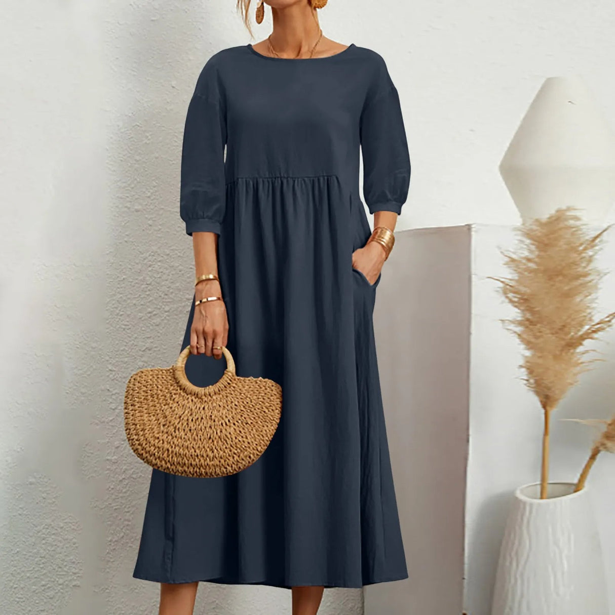 Cotton Midi Dress Casual A-Line Silhouette With Pockets - Product detail 13