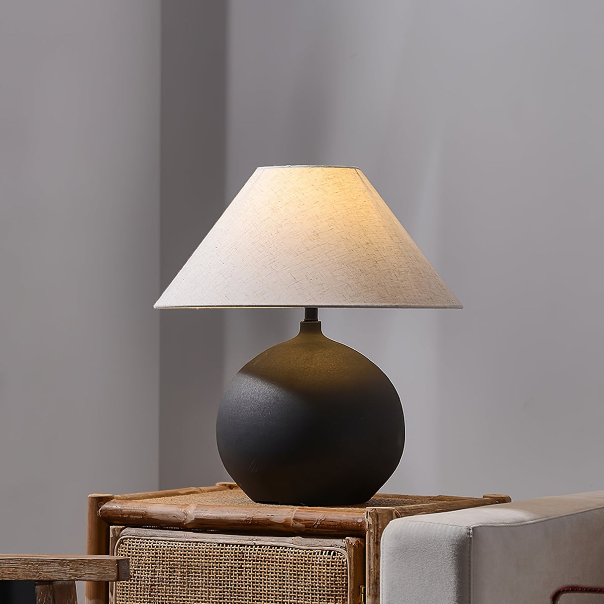 Ceramic Table Lamp Matte Black Base with Linen Shade - Detailed view