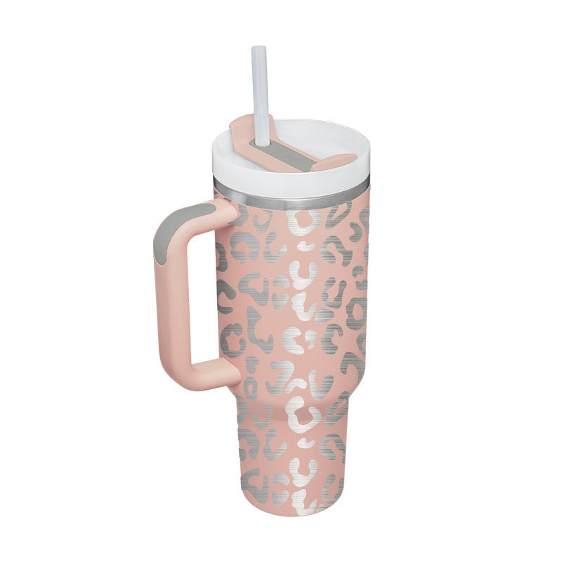 Insulated Travel Mug Leopard Print Design with Handle Straw - Product detail 32