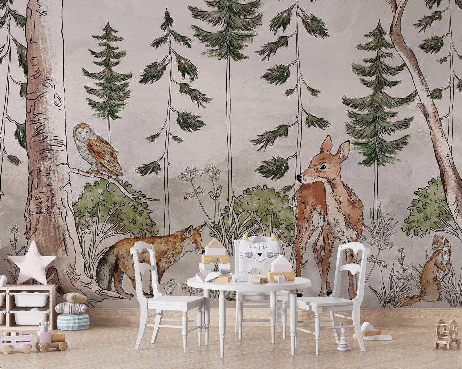 Forest Animals Mural Wallpaper | Watercolor Woodland Scene