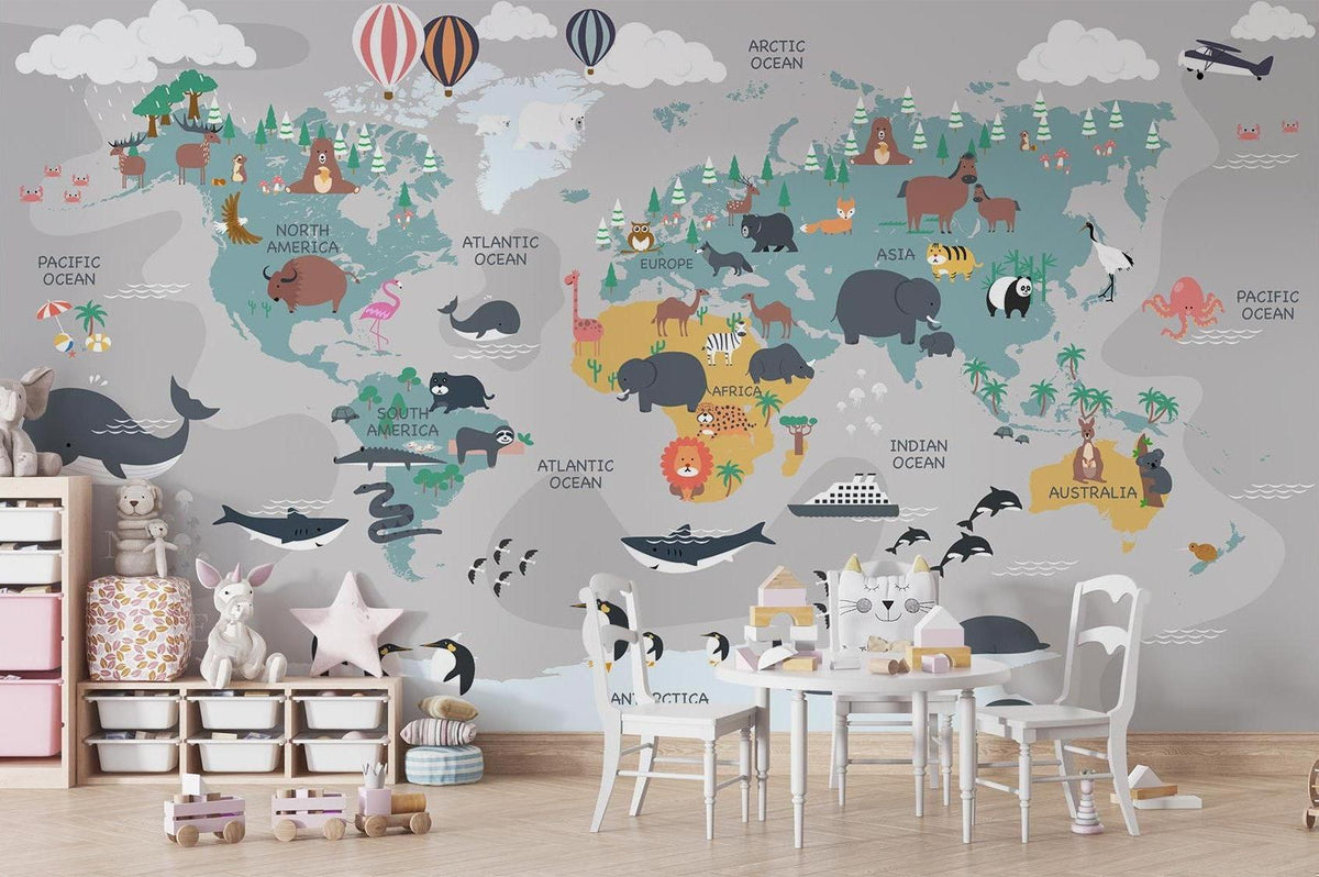 World Map Mural Wallpaper | Educational Kids Animal Design
