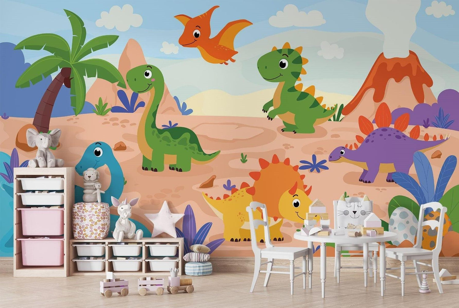 Papier Peint Mural Dinosaure | Scène d'Aventure Préhistorique Dessin Animé