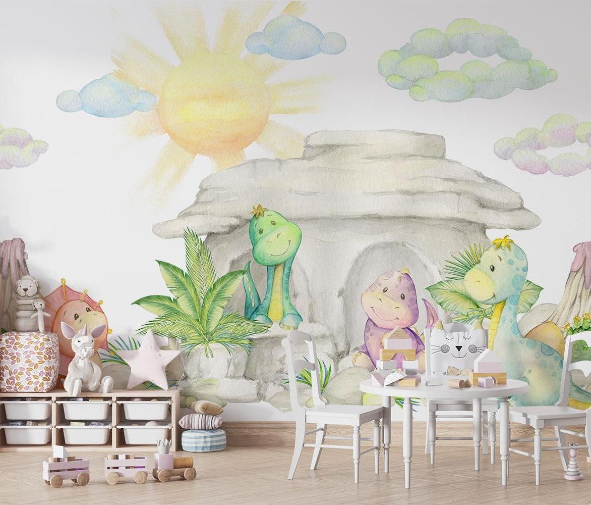 Papier Peint Mural Dinosaure | Aquarelle Pastel Caverne de Bébés Dragons